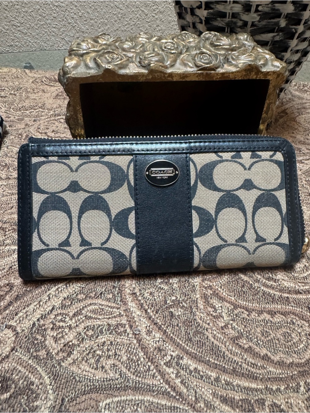 Coach Signature Canvas Zip Phone Wallet in Khaki and Black